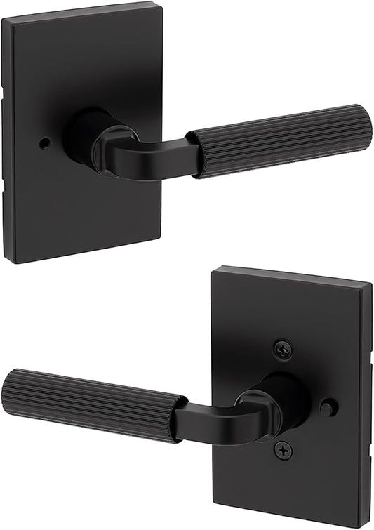 Kwikset Mirada Reeded Interior Privacy Door Handle with Lock, Handle for Bathroom and Bedroom, Matte Black, Reversible Keyless Push Button Lock, with Microban Protection