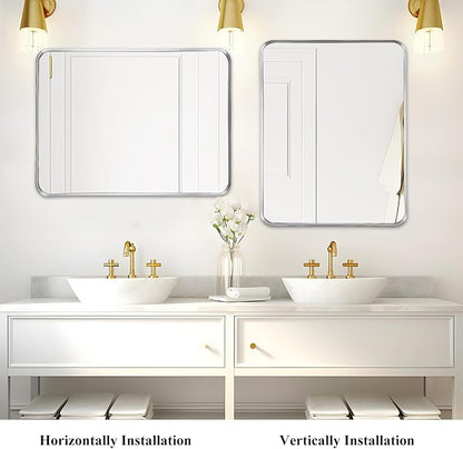 Silver Bathroom Vanity Mirror Over Sink 24x30, Wall Mounted Chrome Mirror | Fabuday Matte Metal Brushed Nickel Framed Rectangle Mirror for Living Room, Bedroom, Entryway Decor, Wall Mounted
