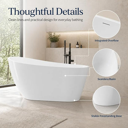59 Inch Acrylic Freestanding Bathtub, Deep Soaking Tub with Non-Slip Base, cUPC Certified Free Standing Modern Bath Tub with Chrome Drain, Easy-Clean White Soaking Tub for Bathroom, Home Spa