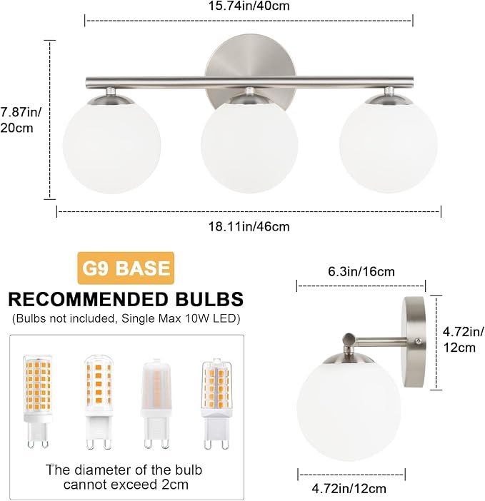 foucasal Brushed Nickel 3-Light Globe Vanity Light Fixture Over Mirror | G9 Socket, Plastic Milk Globe Shades, 4.72" Base, 10W Max, Adjustable Up/Down Light, Mid Century Style for Bathroom Bedroom