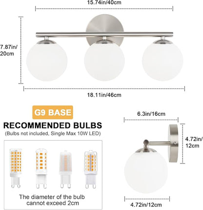 foucasal Brushed Nickel 3-Light Globe Vanity Light Fixture Over Mirror | G9 Socket, Plastic Milk Globe Shades, 4.72" Base, 10W Max, Adjustable Up/Down Light, Mid Century Style for Bathroom Bedroom