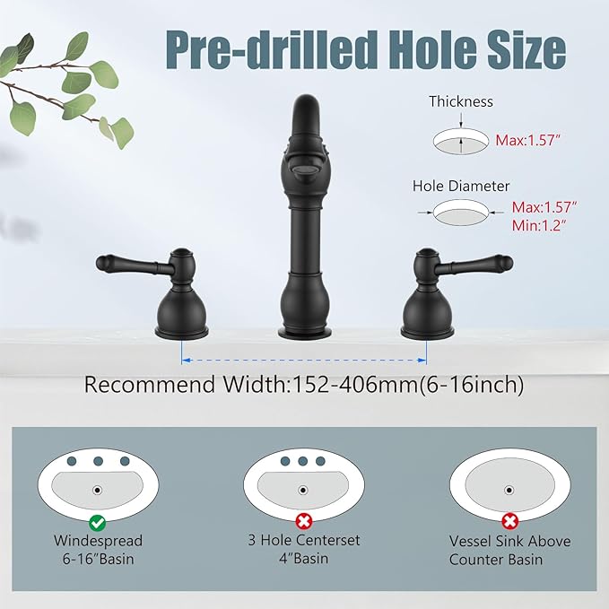 Aolemi 8 Inch Widespread Bathroom Sink Faucet 3 Hole Deck Mount Vanity Basin Mixer Tap with Pop Up Drain Assembly Matte Black Double Lever Handle