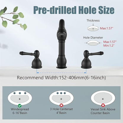 Aolemi 8 Inch Widespread Bathroom Sink Faucet 3 Hole Deck Mount Vanity Basin Mixer Tap with Pop Up Drain Assembly Matte Black Double Lever Handle