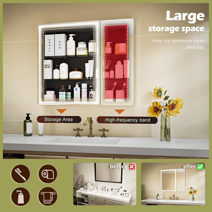LED Lighted Bathroom Medicine Mirror Cabinet with Sockets & USBs, Anti-Fog Dimmable Light and Color Adjustment, Easy to Install Aluminum Cabinet (30 * 28 Two-Door)