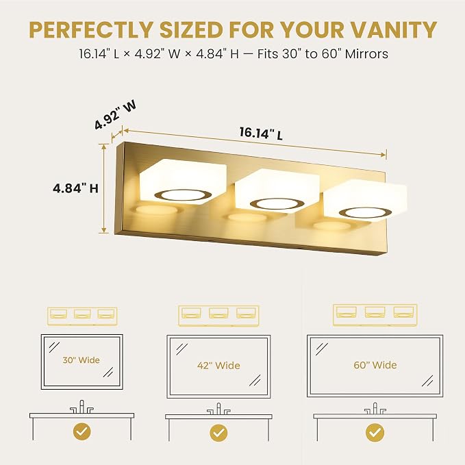Bathroom Vanity Light, 3-Light 16 Inch Brushed Gold 5CCT 2700-6500K LED Bathroom Light Fixtures Over Mirror, Vanity Lighting Modern Bath Wall Sconce for Mirror Bedroom Living Room