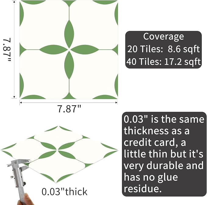 MORCART Peel and Stick Floor Tile Star Waterproof Vinyl Flooring DIY Flooring for Bathroom, Kitchen, Fireplace, Pet House, Stairs, Bedrooms, Wall, Store(20PCS,7.87" x 7.87",Green+White)
