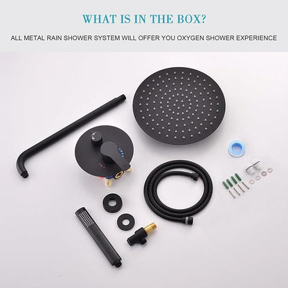 Matte Black Shower System, Shower Faucet Set Complete Rain Shower Head with Handheld, Bathroom Wall Mounted Rain Shower Fixture with Valve Set