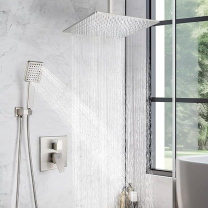 12 Inch Ceiling Mount Shower Faucet Set Brushed Nickel Ceiling Rainfall Shower Head and Handle Set Bathroom Rain Shower System Include Shower Valve and Trim Kit