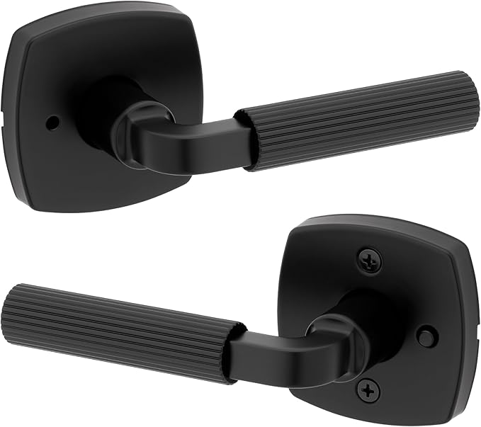 Kwikset Mirada Interior Midtown Privacy Door Handle with Lock, Door Lever for Bathroom and Bedroom, Matte Black Reversible Keyless Push Button Lock Door Lever