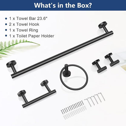 TQKAG 5 Piece Black Bathroom Accessories, 23.6" Bathroom Towel Bar Holder | 23.6" Bathroom Hardware Set, SUS304 Stainless Steel, Double Post Pivoting, Towel Hooks, Toilet Paper Holder Set Wall Mounted