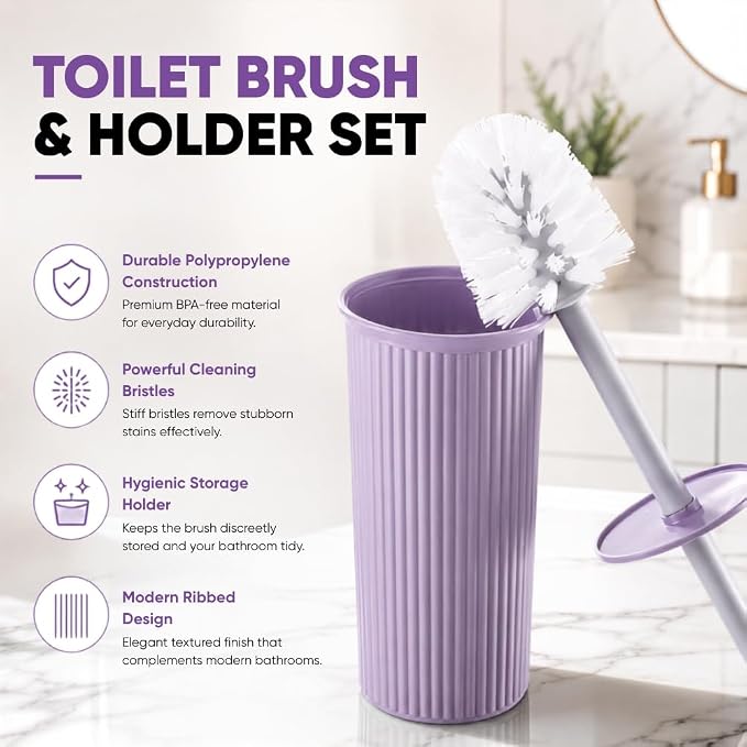 Superio Ribbed Collection Toilet Bowl Brush and Holder Set, Decorative Plastic Bathroom Toilet Brush with Holder, Toilet Cleaner Scrubber, Lilac - 1 Pack