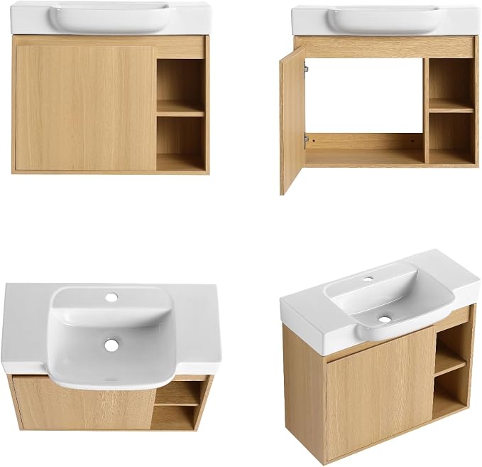 28" Bathroom Vanity with Ceramic Sink, Farmhouse Cabinet, Light Oak | Ceramic Sink, Soft-Close Door, Interior Compartment and 2-Tier Open Side Shelves, 45° Inclined Edge Handle
