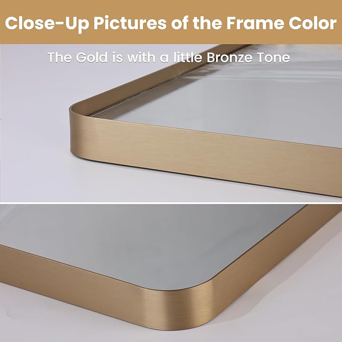 LOAAO 20"X30" Gold Bathroom Mirror | Rounded Rectangle, Brushed Gold Frame, Wall-Mounted, Anti-Rust, Hangs Horizontally or Vertically