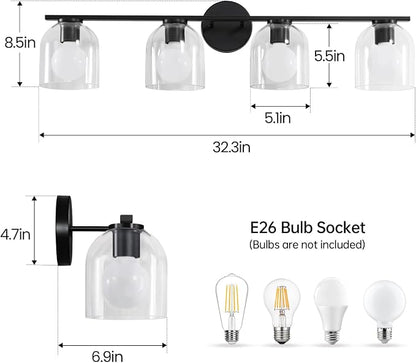 WOSHITU Bathroom Vanity Light Fixtures: 32.3 Inch Modern Matte Black Bathroom Lighting Fixtures Over Mirror with Clear Glass Shade 4 Light Vanity Lighting Fixtures Farmhouse Vanity Lights
