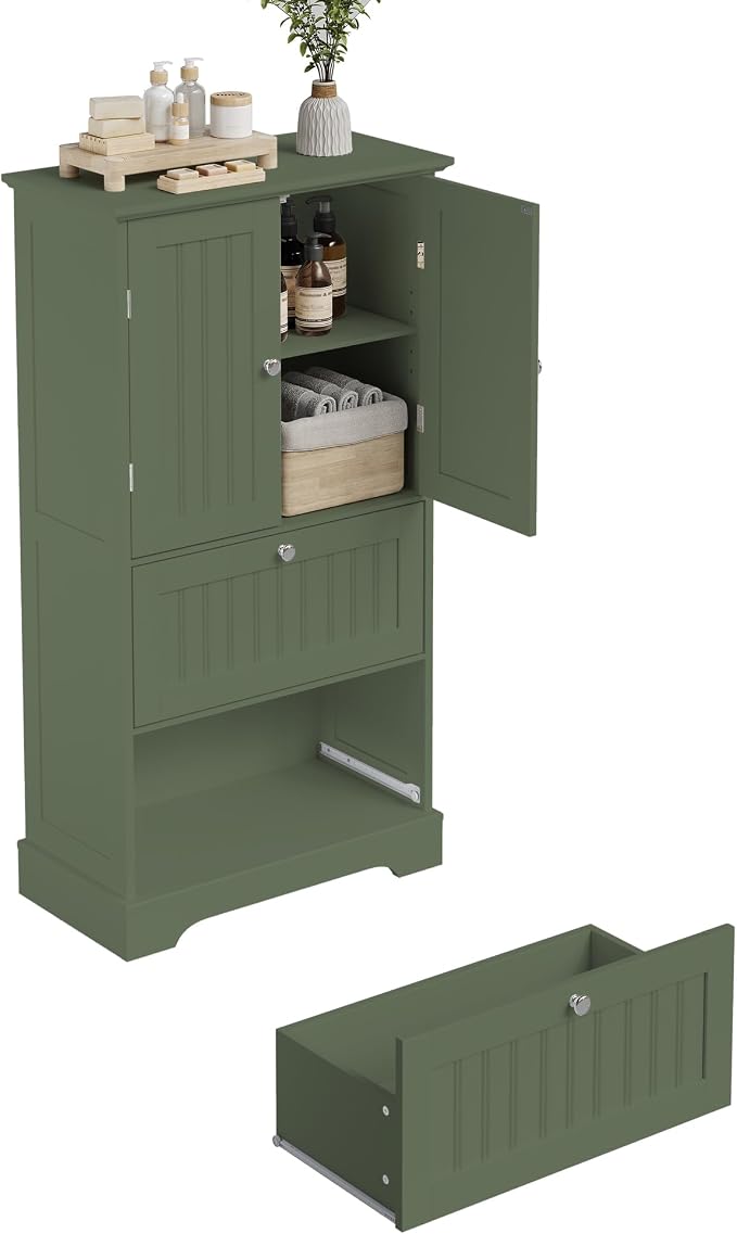 Treocho Bathroom Floor Cabinet with 2 Drawers and Adjustable Shelf | Bathroom Storage Cabinet, Freestanding Cupboard Pantry for Kitchen, Living Room, Dining Room, Green