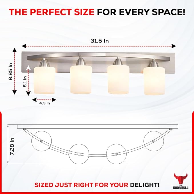 4-Light Bathroom Vanity Bar Light Fixture - Brushed Nickel | Modern Frosted glass shades with E26 socket. Matte Wall sconce lighting perfect over mirror, kitchen, hallway, or entryway