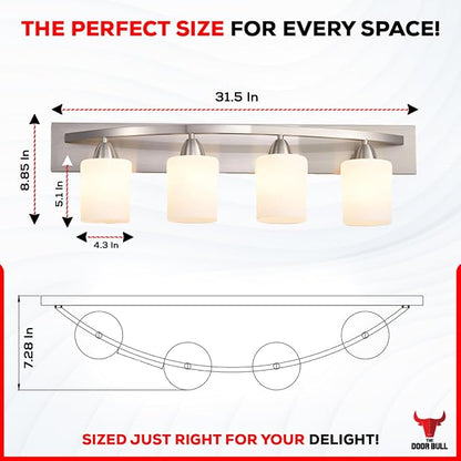 4-Light Bathroom Vanity Bar Light Fixture - Brushed Nickel | Modern Frosted glass shades with E26 socket. Matte Wall sconce lighting perfect over mirror, kitchen, hallway, or entryway
