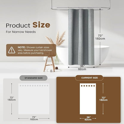 BTTN Stall 3 in 1 Linen Textured Shower Curtain & Liner, 36x72, Grey/Gray | Half Size, 230GSM Heavy Duty Polyester, Waterproof Clear Liner, Weighted Hem, 6 Plastic Hooks, Hotel Style, Machine Washable