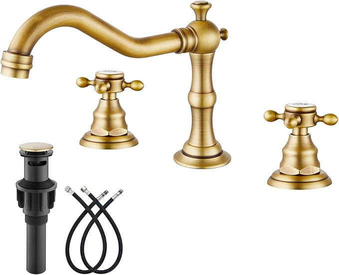 gotonovo Bathroom Faucet 3 Hole 8 Inch Widespread Bathroom Sink Faucet 2 Cross Handles Vintage Lavatory Vanity Mixer Tap with Pop Up Drain, HOT Cold Label, Antique Brass