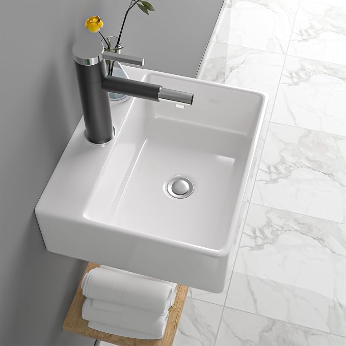 13 Inch Wall Mounted Bathroom Sink, White 13" x 11" Compact Ceramic Wall Mount Vessel Sink Basin, Rectangular Small Bathroom Sink for Powder Room, RV, Apartment, Guest Bathroom