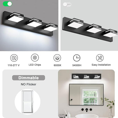 LED Modern Bathroom Vanity Light Fixtures, 3-Light 22-inch Dimmable Matte Black Vanity Lights for Bathroom Lighting Fixtures Over Mirror, with 350° Rotatable Acrylic Heads (Cool White 6000K)