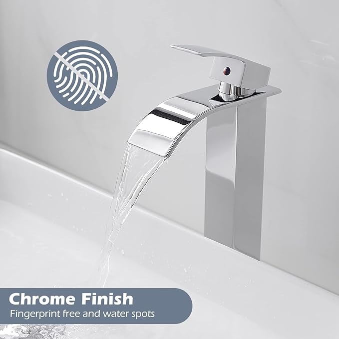 BWE Vessel Sink Faucet Modern Waterfall Chrome Single Hole Bathroom Faucet Single Handle with Pop up Drain Without Overflow Assembly Vanity Basin Bath Sink Faucets Mixer Tap