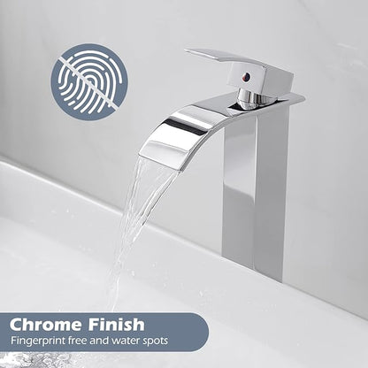 BWE Vessel Sink Faucet Modern Waterfall Chrome Single Hole Bathroom Faucet Single Handle with Pop up Drain Without Overflow Assembly Vanity Basin Bath Sink Faucets Mixer Tap