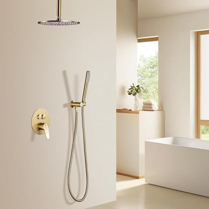 TRUSTMI 12" Ceiling Mount Rainfall, Pressure Balanced Valve, Brushed Gold | Solid brass kit with push-button diverter for handheld spray. cUPC valve prevents scalding for family safety