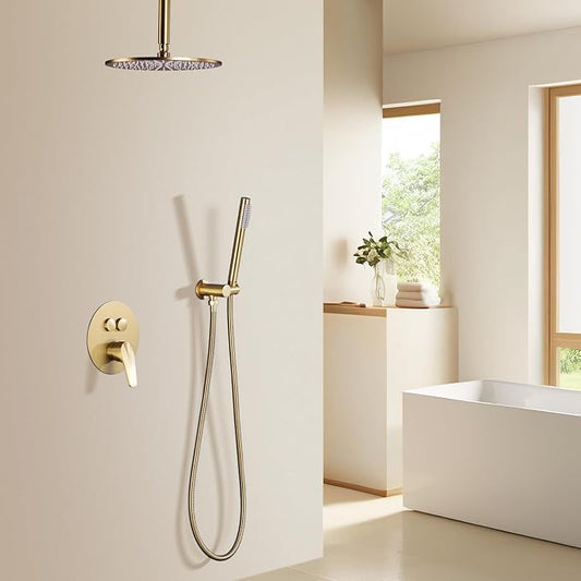TRUSTMI 12" Ceiling Mount Rainfall, Pressure Balanced Valve, Brushed Gold | Solid brass kit with push-button diverter for handheld spray. cUPC valve prevents scalding for family safety