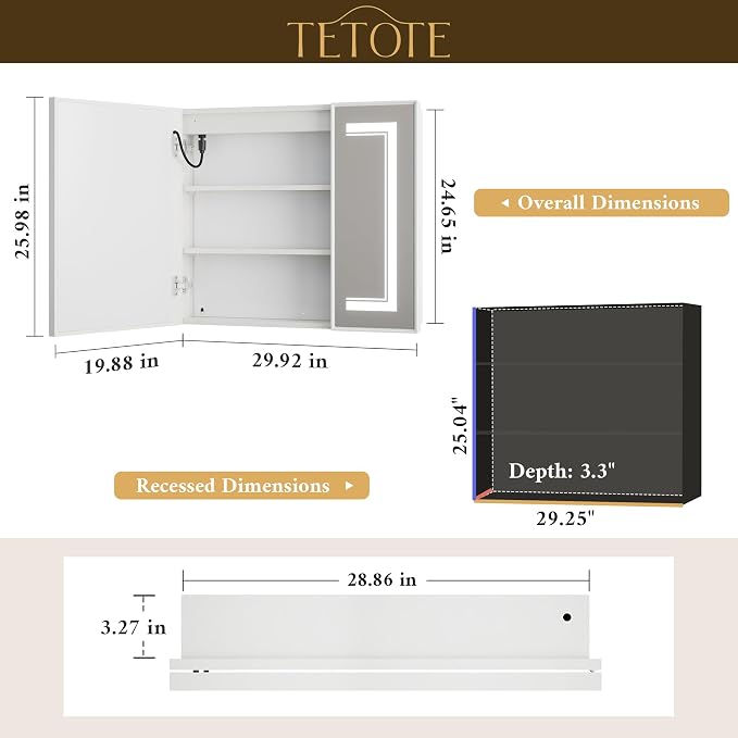 White Lighted Medicine Cabinet Mirror with Led Lights 30 x 26 Wall Mount or Recessed Bathroom Cabinet with Storage, 2 Door Tempered Glass Led Vanity Cabinet, 2 Outlets, 3-Color Dimming, Defog