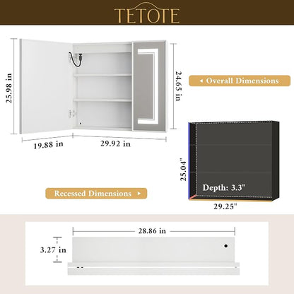 White Lighted Medicine Cabinet Mirror with Led Lights 30 x 26 Wall Mount or Recessed Bathroom Cabinet with Storage, 2 Door Tempered Glass Led Vanity Cabinet, 2 Outlets, 3-Color Dimming, Defog