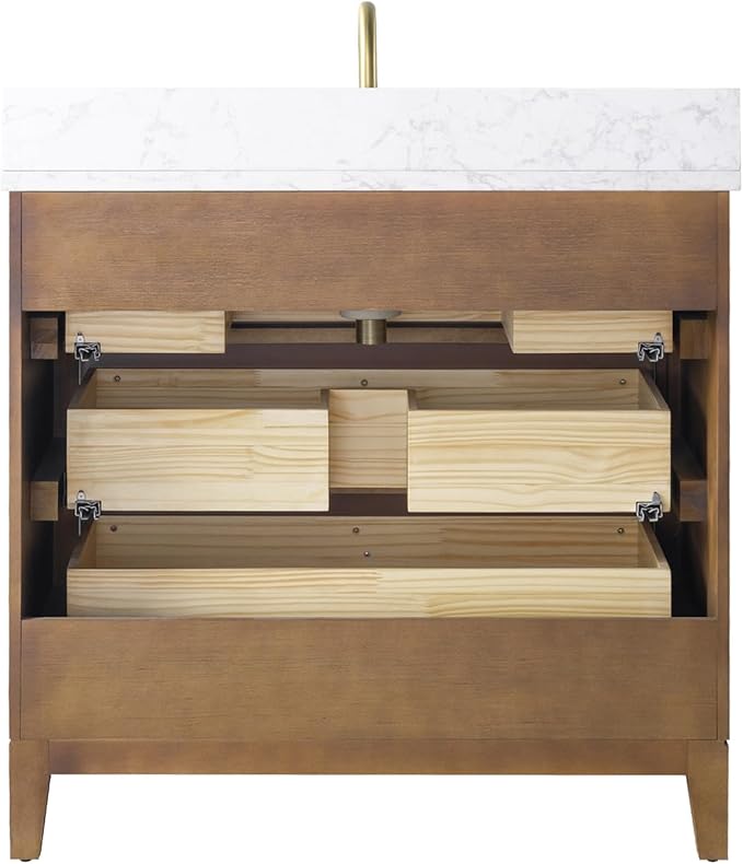 Vanity Art 36" Bathroom Vanity with Single Sink & Arabescato White Engineered Stone Top, Vanity Cabinet with Soft Closing Door, Solid Wood Frame, Golden Brushed Handles, Walnut VA8136-Walnut-GB