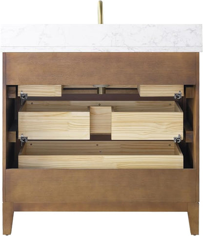 Vanity Art 36" Bathroom Vanity with Single Sink & Arabescato White Engineered Stone Top, Vanity Cabinet with Soft Closing Door, Solid Wood Frame, Golden Brushed Handles, Walnut VA8136-Walnut-GB