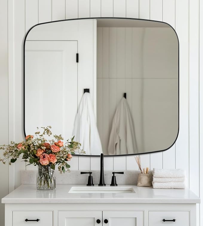 Black Oblong Mirror, 36x40 Inch Black Oval Mirror for Bathroom with Stainless Steel Metal Frame, Wall Mouned for Bathroom, Living Room, Entryway