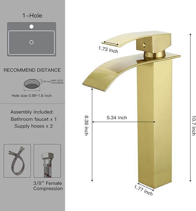 BWE Vessel Sink Faucet Modern Waterfall Brushed Gold Single Hole Bathroom Faucet Single Handle with Pop up Drain Without Overflow Assembly Vanity Basin Bath Sink Faucets Mixer Tap