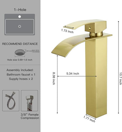 BWE Vessel Sink Faucet Modern Waterfall Brushed Gold Single Hole Bathroom Faucet Single Handle with Pop up Drain Without Overflow Assembly Vanity Basin Bath Sink Faucets Mixer Tap