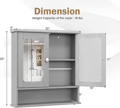 COSTWAY Bathroom Cabinet Wall Mount, Wooden Medicine Cabinet with 2 Mirror Doors, Adjustable Shelf, Open Compartment, for Laundry, Living Room, Kitchen, Gray