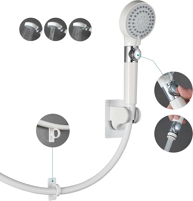 GwernKB Handheld Shower Head with Hose and On Off Switch,Water Saving | 3 Mode High Pressure Spray,for RV,Camper,Bathroom,No Drilling Wall Mount Adhesive Shower Holder,No Hurt to Wall,White
