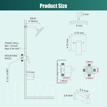 Heyalan 6 Inch Shower Faucet Set with Tub Spout and Valve, Brushed Gold | 6-inch square rainfall head, tub spout with diverter, male-thread rough-in valve, single-handle control and wall-mount design