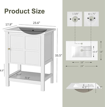 24 Inch Bathroom Vanity with Sink, Small Farmhouse Freestanding Bathroom Cabinet Combo Set, Soft Closing Door and Open Storage Shelf, White