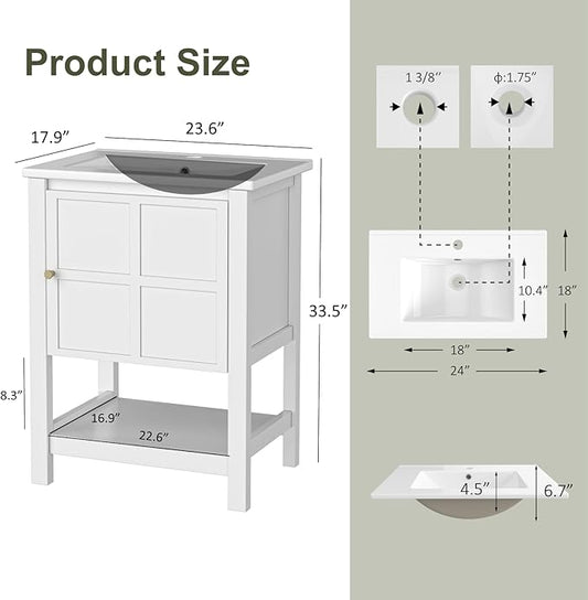24 Inch Bathroom Vanity with Sink, Small Farmhouse Freestanding Bathroom Cabinet Combo Set, Soft Closing Door and Open Storage Shelf, White