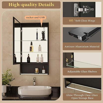 20"×34" Lighted Medicine Cabinet with Mirror Adjustable Brightness 3 Color Temperature Lighting Anti-Fog Sturdy Aluminum led Medicine Cabinet Mirror 2 Socket & 2 USB Ports & Adjustable Shelf