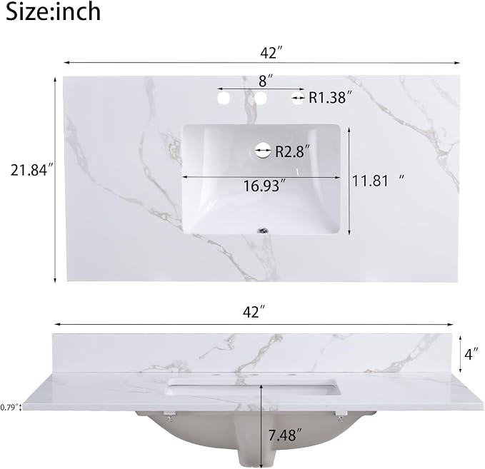 42x22 Vanity Top with Sink, Golden Calacatta Quartz Countertop with Middle Undermount Sink & Backsplash,8in. Faucet Hole Spacing Bathroom Vanity Sink Top