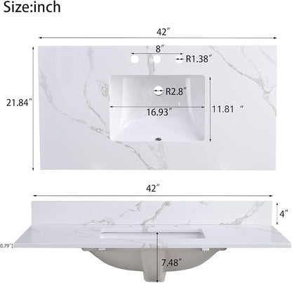 42x22 Vanity Top with Sink, Golden Calacatta Quartz Countertop with Middle Undermount Sink & Backsplash,8in. Faucet Hole Spacing Bathroom Vanity Sink Top