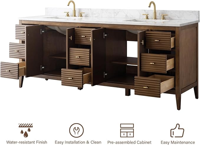 84" Bathroom Vanity with Double Sink & Engineered Marble Top, Solid Wood Frame, Linear Pattern & Soft Close Door | Golden Brushed Handware,Walnut