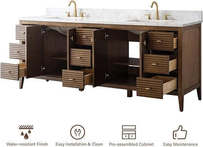84" Bathroom Vanity with Double Sink & Engineered Marble Top, Solid Wood Frame, Linear Pattern & Soft Close Door | Golden Brushed Handware,Walnut