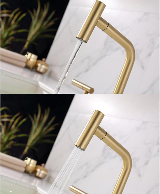 3 Hole Basin Faucets Pull Out Basin Mixer Faucet Brushed Gold Brass Bathroom Mixer Faucet Dual Mode-Brushed Gold