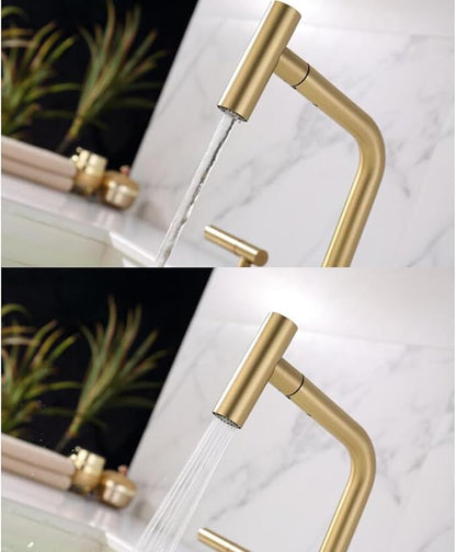 3 Hole Basin Faucets Pull Out Basin Mixer Faucet Brushed Gold Brass Bathroom Mixer Faucet Dual Mode-Brushed Gold
