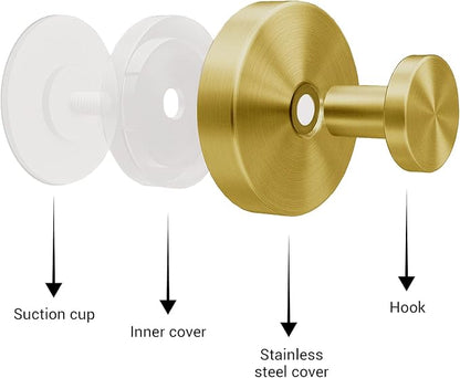 Suction Cup Hooks for Shower - 4 Pack, Gold - Stainless Steel, Strong Suction, No Drill, Removable Hanger, Tile Bathroom Kitchen Wall, Glass Door, Mirror Hook Hanging Robe, Towel Holder