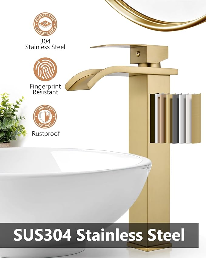 Vessel Sink Faucet Waterfall Tall Bathroom Faucet Single Handle,Single Hole Lavatory Vanity Mixer Tap with Pop Up Drain and Supply Lines,Brushed Gold